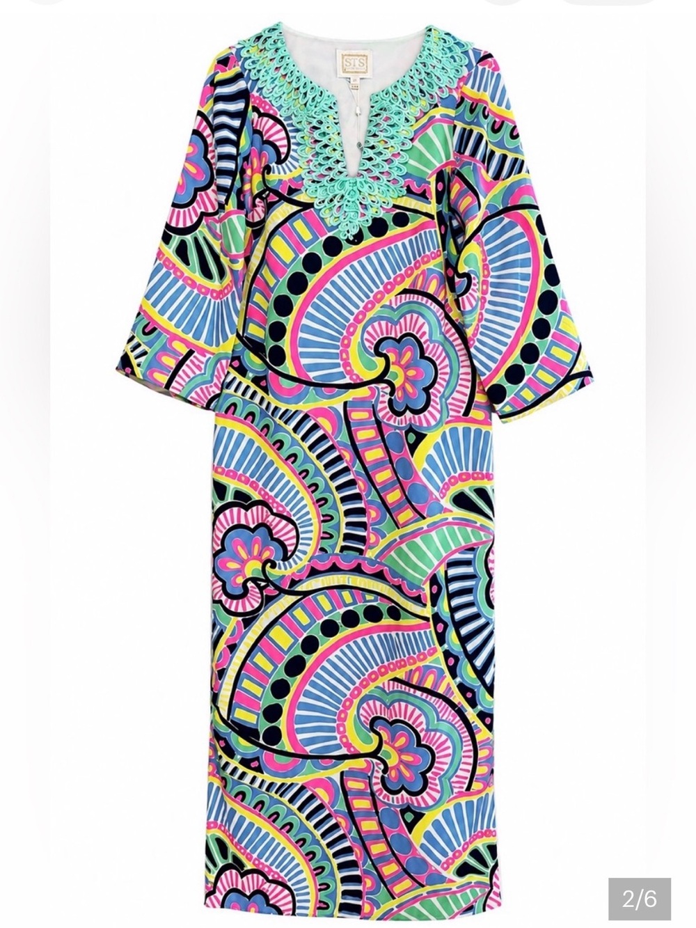 Sail to Sable colorful dopamine crocheted collar long sleeve maxi caftan NWOT S